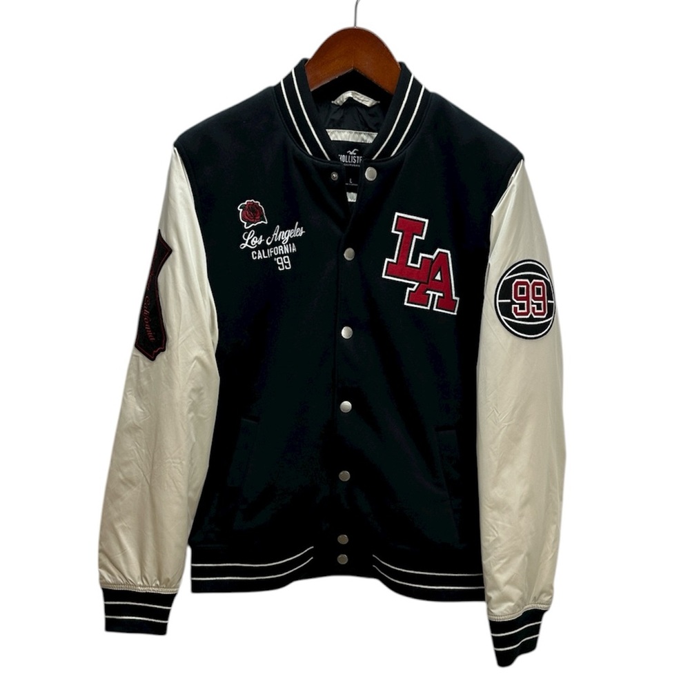 Hollister LA Varsity Bomber Jacket Black Cream Size Large Snap Front Streetwear‎